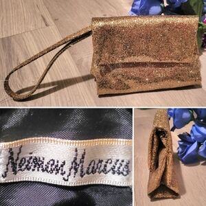 Nieman Marcus Gold Glitter Vintage Wristlet Zippered Clutch Bag + Strap, 6 x 4.5